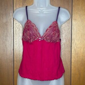 DKNY‎ Camisole Womens Large Pink Sheer Lace Trim Babydoll Y2K Lingerie Coquette